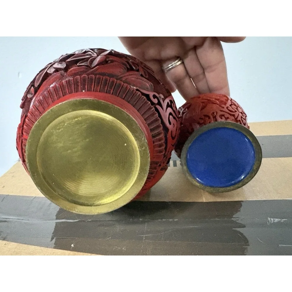 2pc Red Metal Bottle Vases Set Floral Carved Black/Gold Accents Blue Interior
